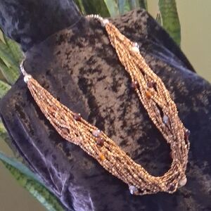 Lane Bryant Designer layered Beaded Necklace in Brown and Gold White 32in.